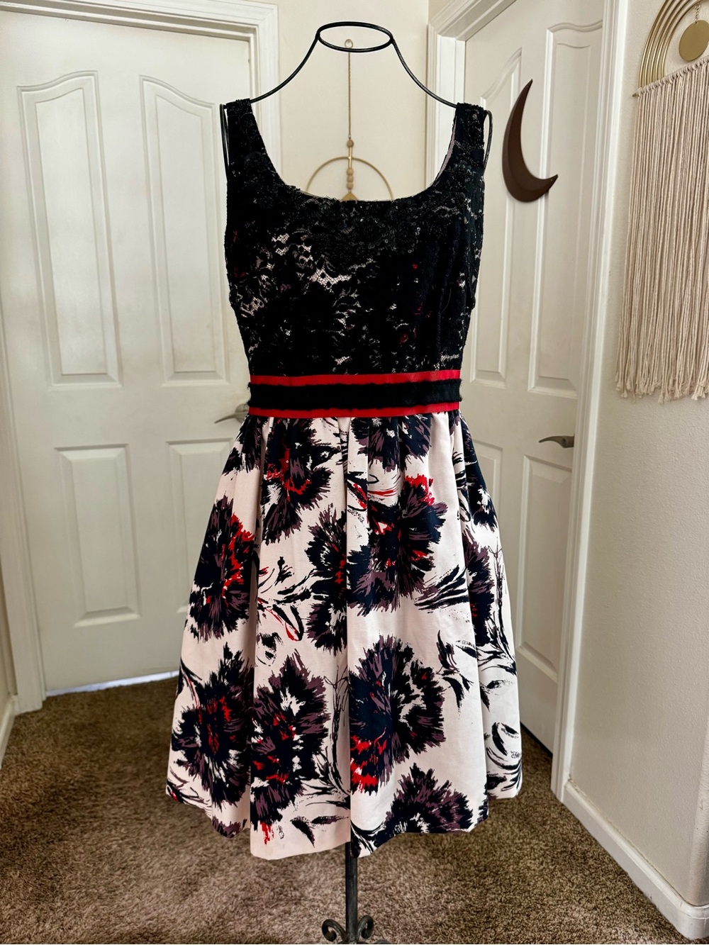 Peter Som Black Lace Bodice Floral Fit-and-Flare Mini with Red Accents